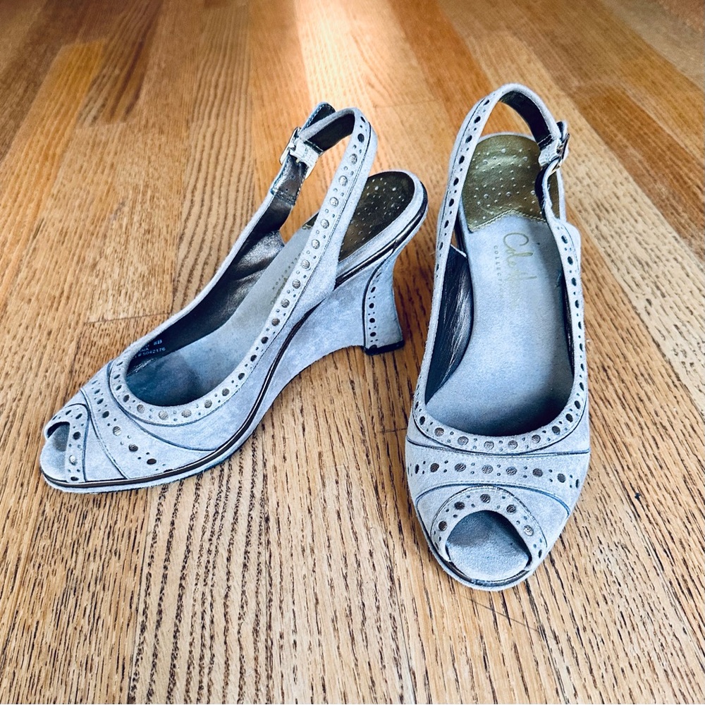 Cole Haan Nike Air Perforated Peep Toe Slingback Taupe Suede Wedge Heels, Size 8
